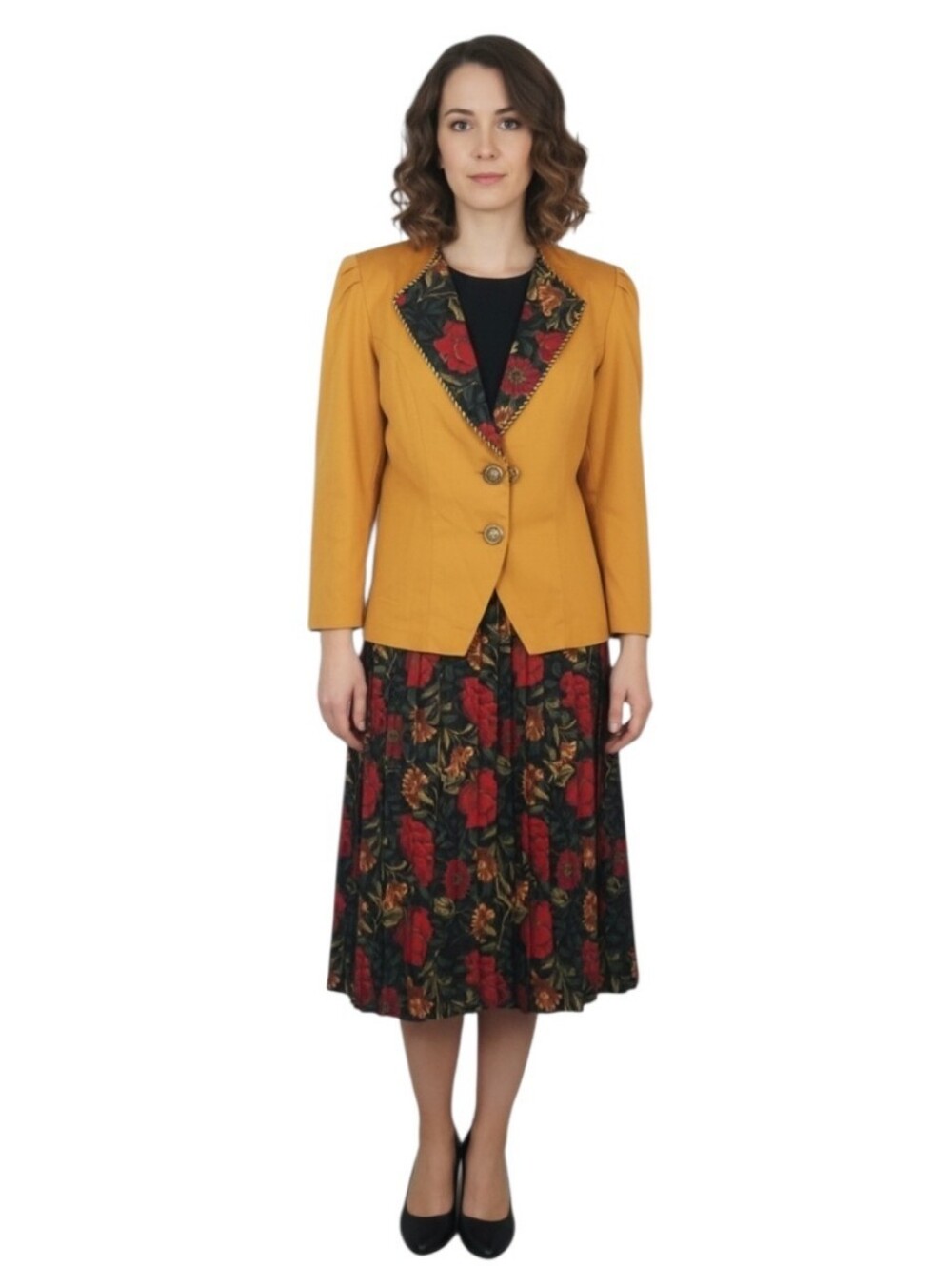 Vintage 80's 2 Piece Floral Skirt and Goldenrod with Trim Blazer Suit Set - 10